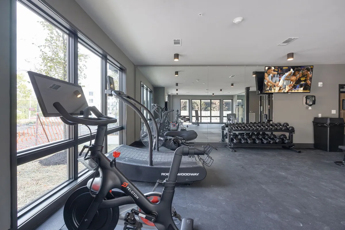 A modern fitness center filled with top-tier equipment such as a Peloton bike, treadmill, dumbbell rack, and a television screen. Natural light floods in from large windows, energizing the motivating workout environment.