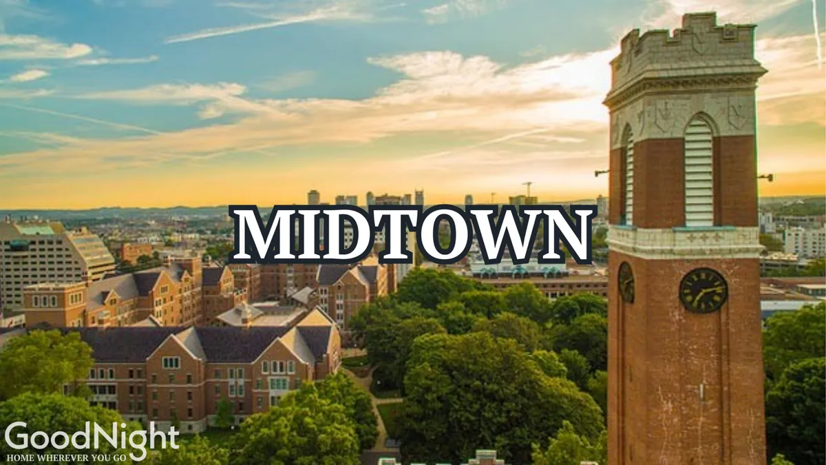 A panoramic view featuring a historic clock tower, lush greenery, and the urban Nashville skyline in the background. The image radiates an inviting, optimistic atmosphere that connects the property to its urban surroundings.