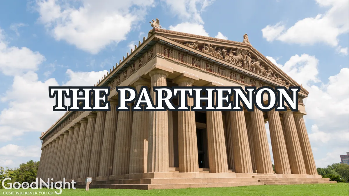 A dramatic view of The Parthenon, showing its impressive columns and sculptural roof details against the sky. The scene is grand and iconic, highlighting one of Nashville's most distinctive and family-friendly attractions.