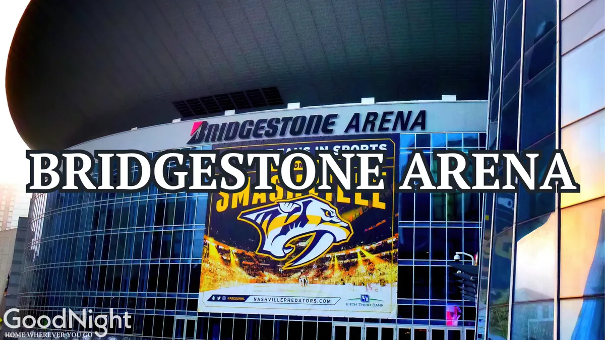 Bridgestone Arena's exterior with the Nashville Predators banner sets an exciting, urban tone. People gather for sports and concerts, highlighting the area's reputation for entertainment and community events.