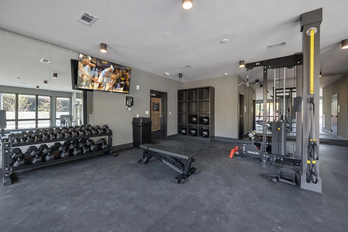 A modern fitness center equipped with a dumbbell rack, weight bench, exercise machine, and a television screen. The space is brightly lit and organized, providing a motivating and focused environment for personal and group workouts.